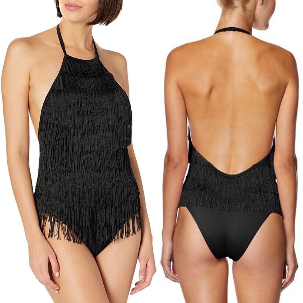 Avec Les Filles Women M One Piece Bodysuit Black Fringe Halter Swim Suit NEW